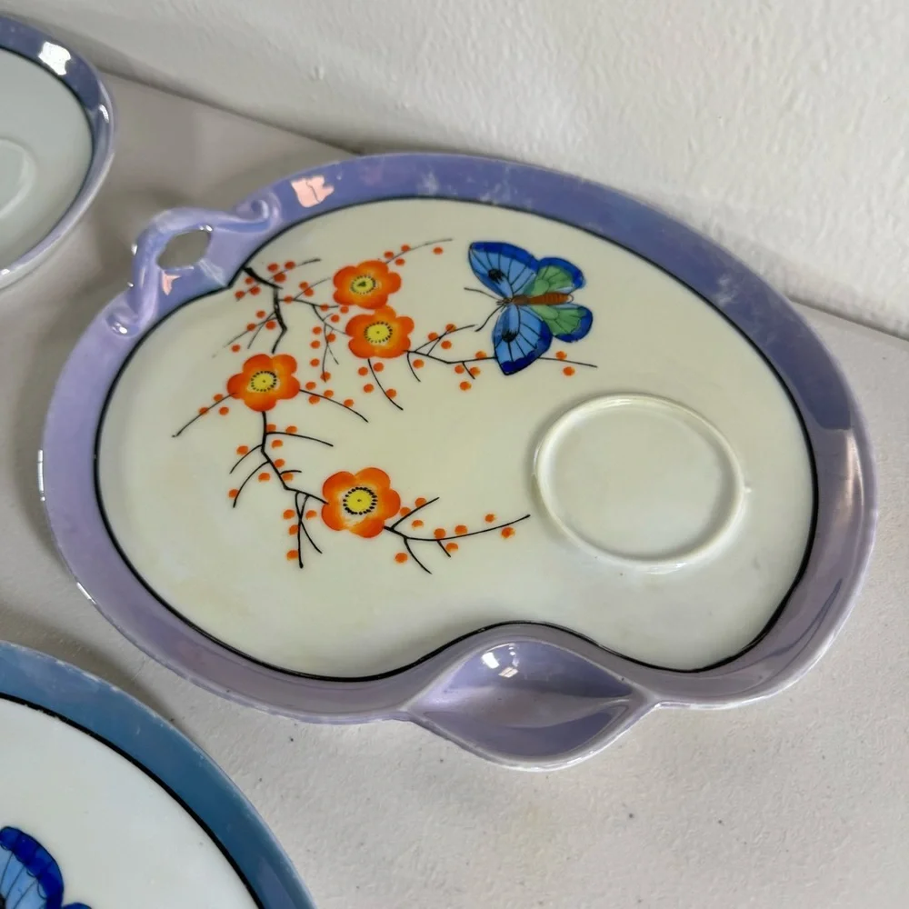 vintage Japanese porcelain plates SEIEI Co handpainted floral butterfly 5pc